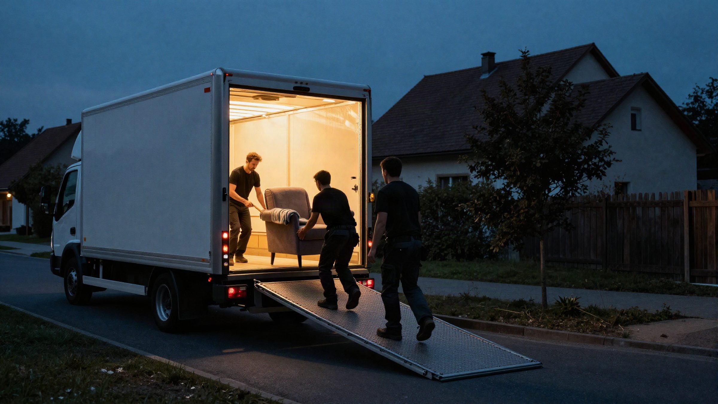 Umzugsteam von VITA UMZÜGE verlädt in der Abenddämmerung einen Sessel über die Ladebrücke in den Transporter